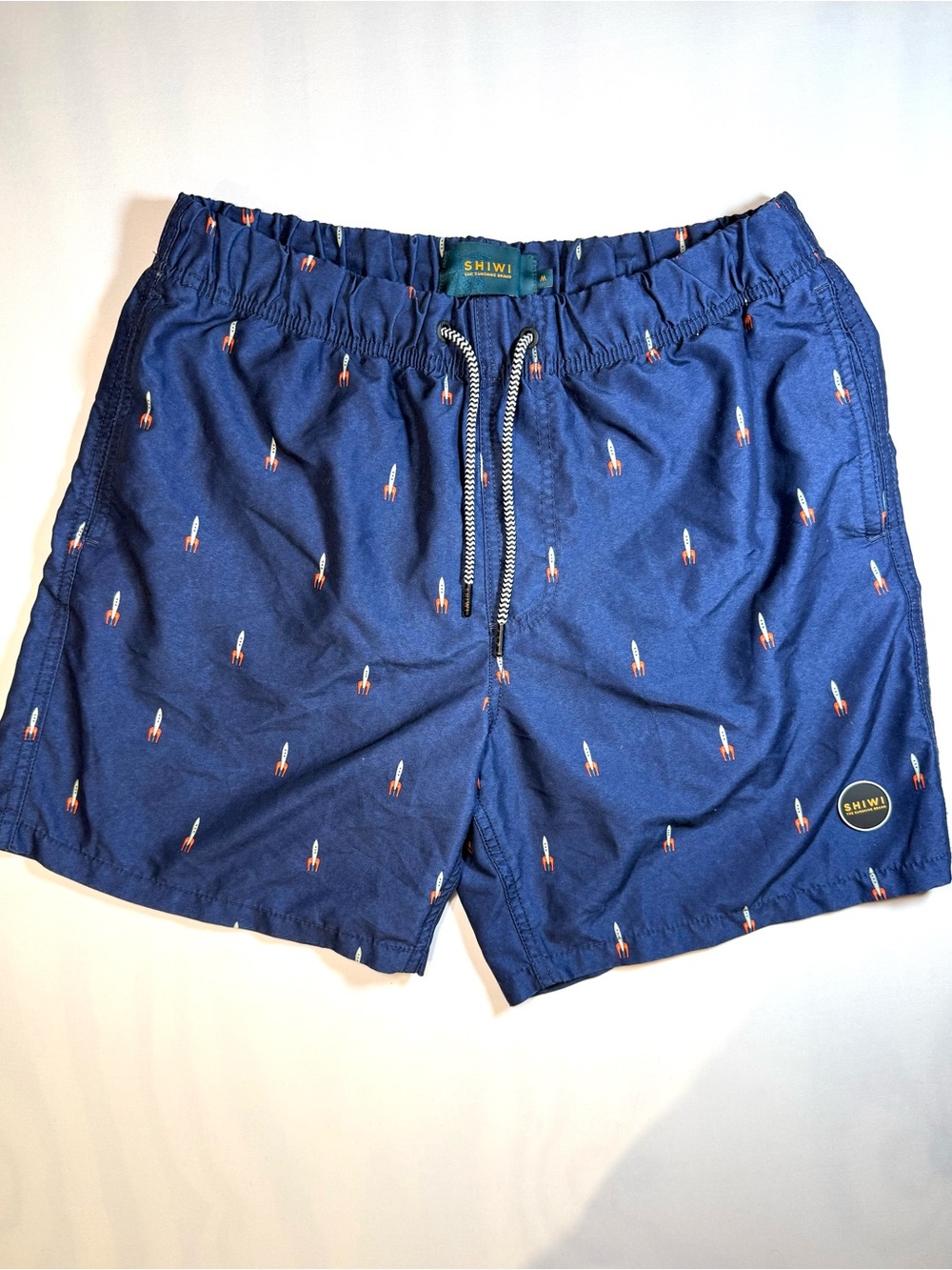 SHIWI Rocket‎ Print Swim Trunks Navy Blue 6" Inseam Men's Medium